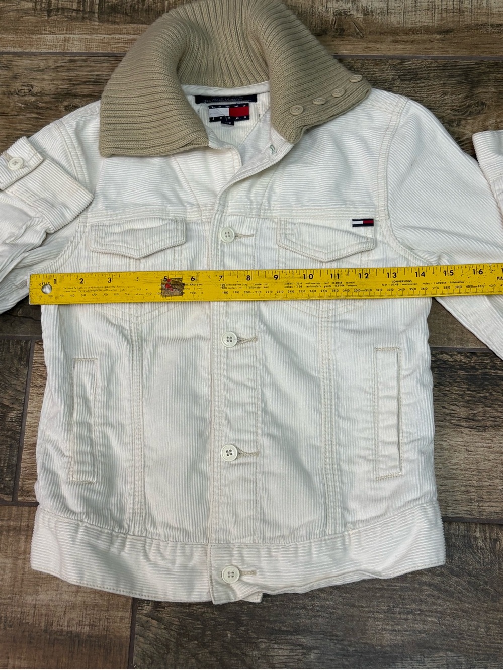 Tommy Hilfiger White Corduroy Kids Jacket with Tan Rib Knit Collar